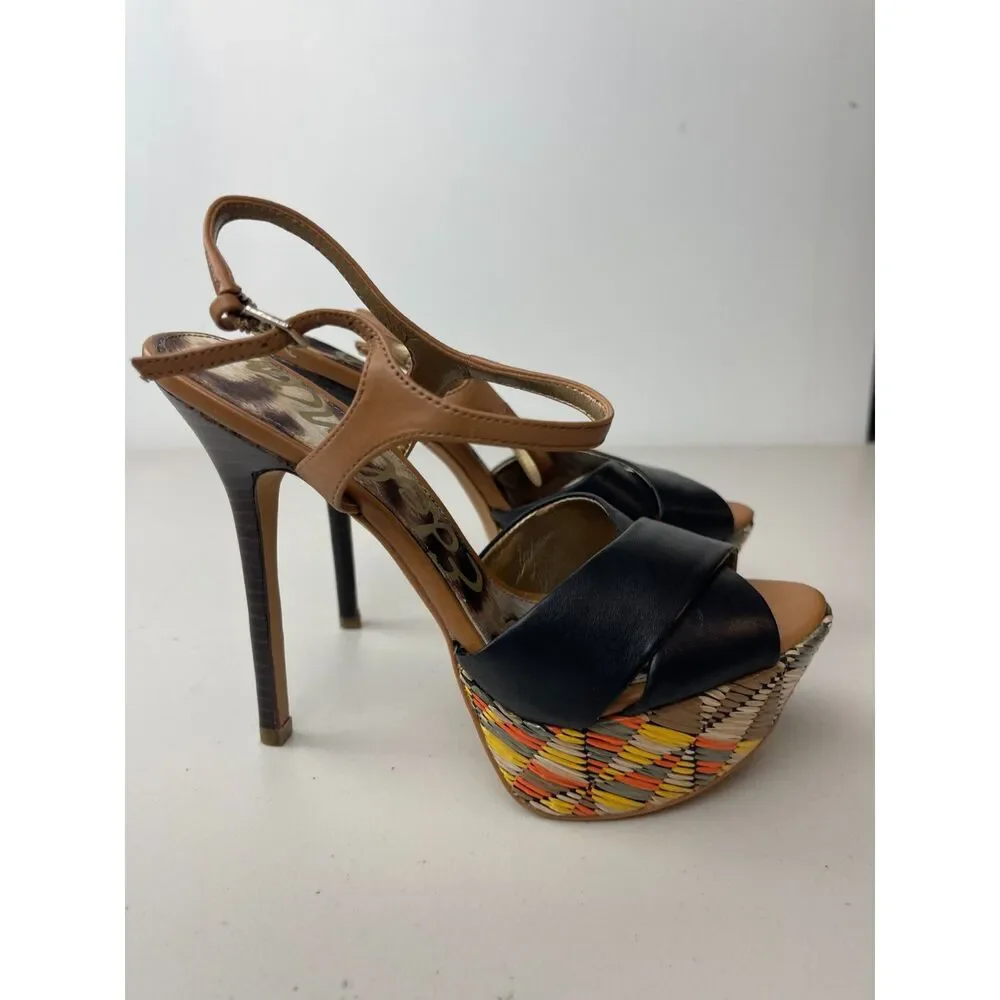 NWOB Sam Edelman Boho Woven Platform Sandals – Black & Tan Strappy Heels 6M - Picture 2 of 7